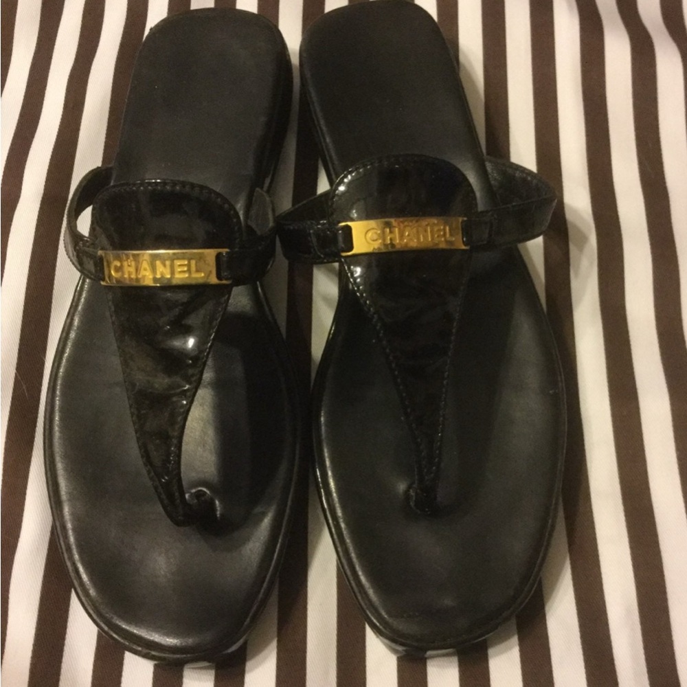 CHANEL Black Sandals with Gold Logo Nameplate 100%Authentic